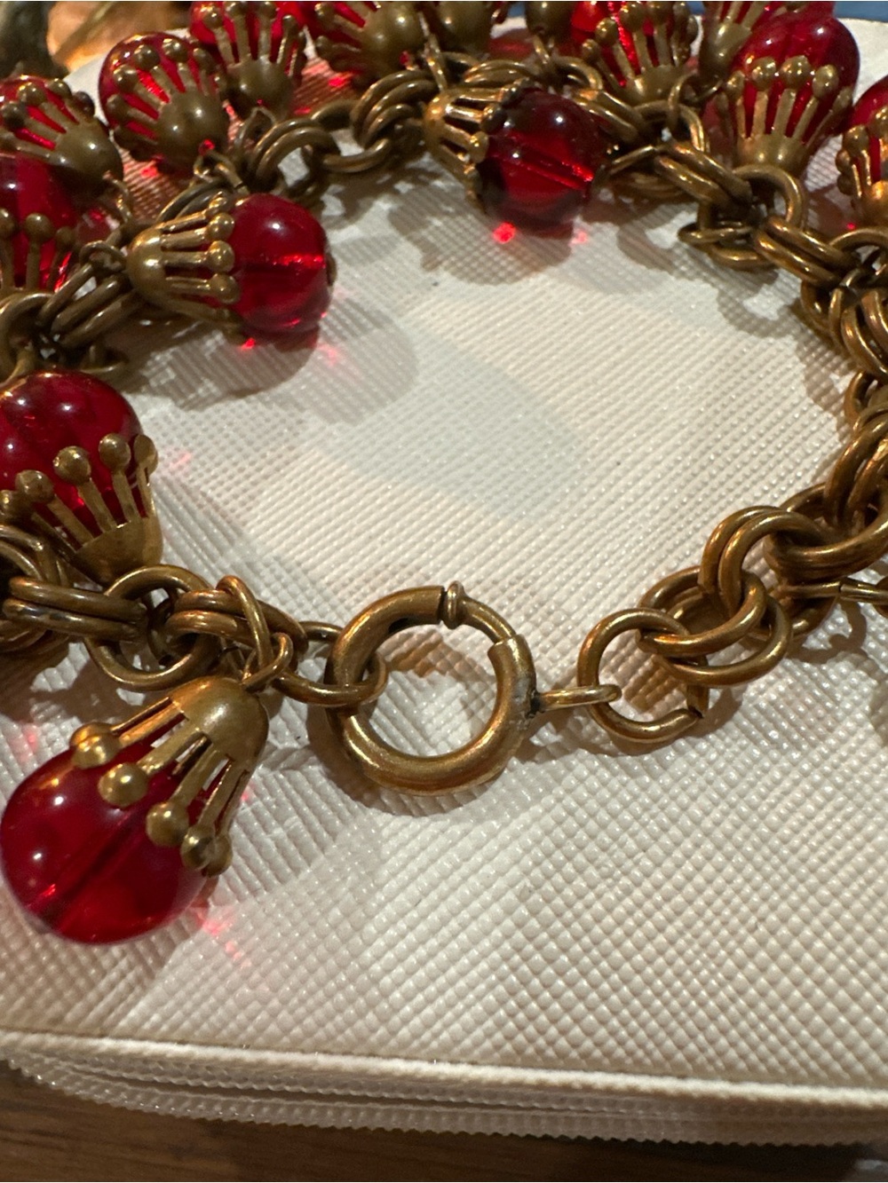 1950s West Germany Style Red Glass Dangle Cluster Bracelet Antiqued Brass - Picture 8 of 9